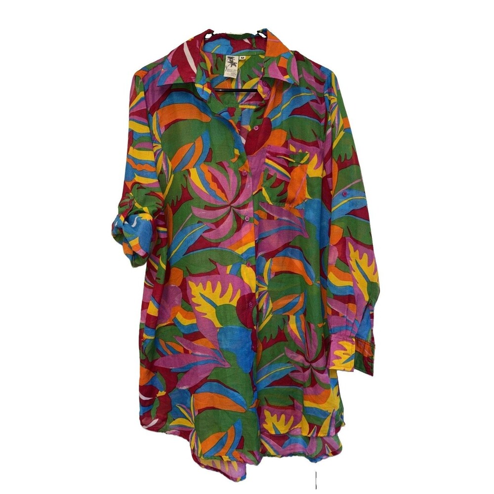 Multicolor resort Style Long Tunic Shirt M Women Button Up Roll Tab Sleeve Sheer